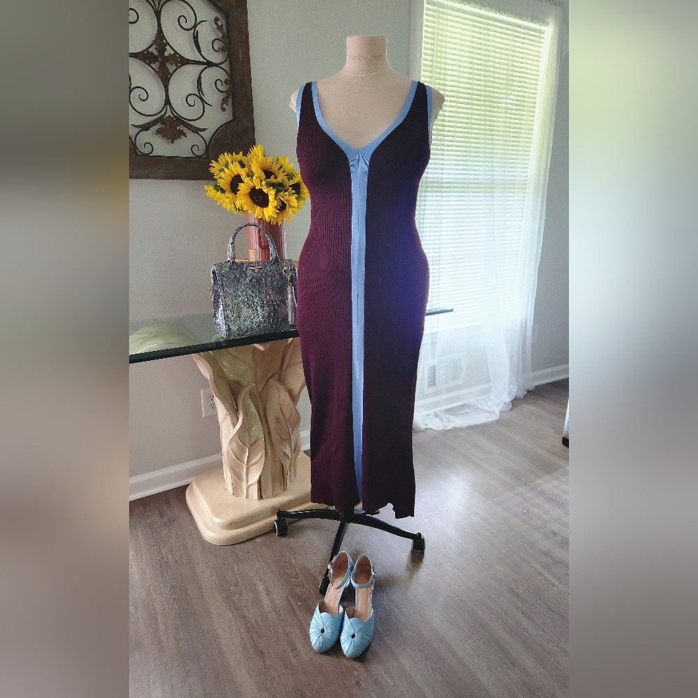 Zara Deep Eggplant Knit Bodycon Column Sheath with Contrast Banding Detail